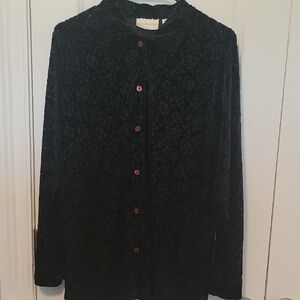 Christie & Jill Black Burnout Velvet Blouse Women's Medium Long Sleeve Stretchy